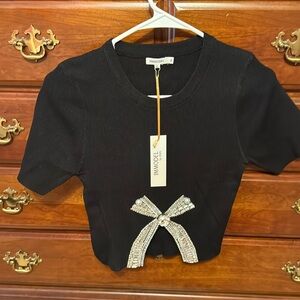 Immodel Crop Black Rhinestone Bow Top